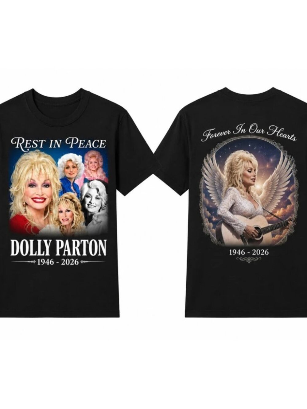 Rest In Peace Dolly Parton 1946-2026 Forever In Our Hearts Angel 2-Sided T-Shirt